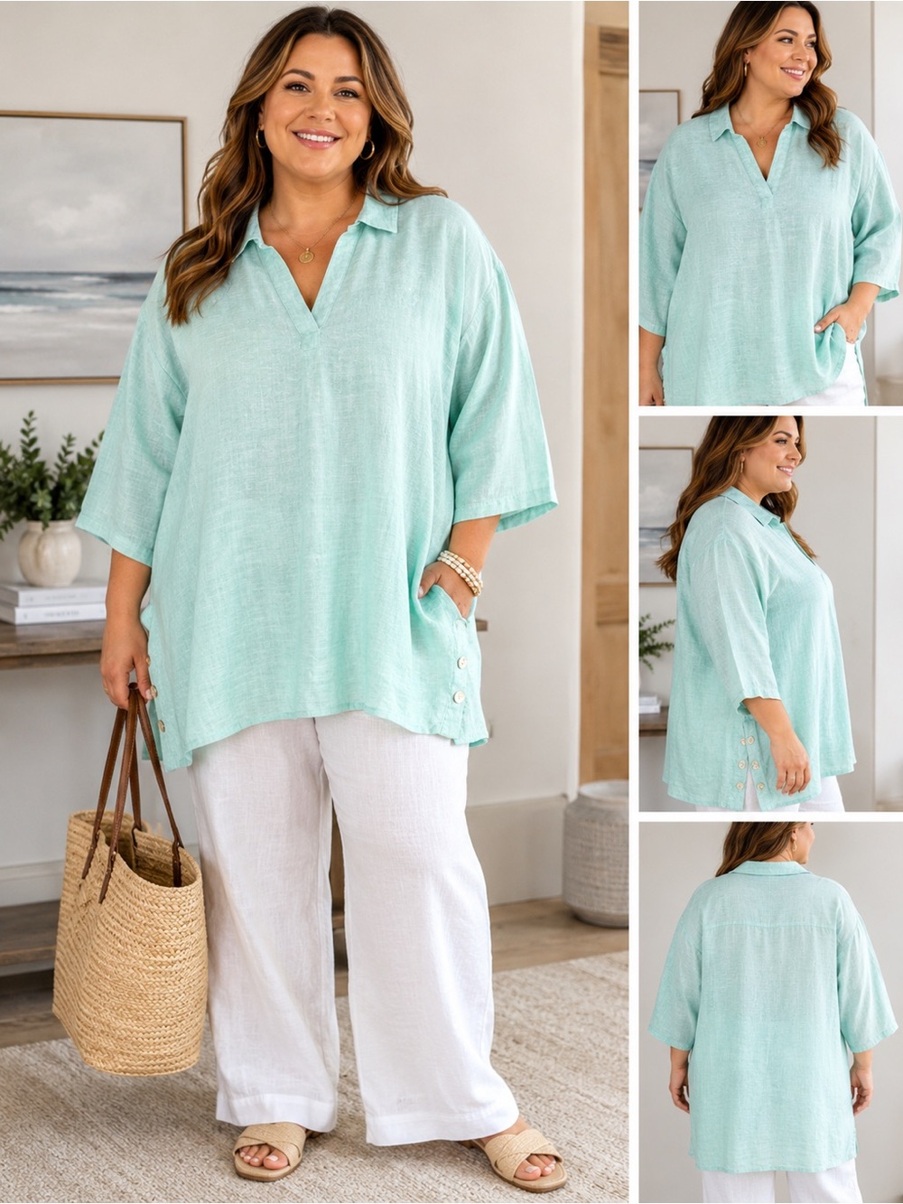 NWT Tahari Mint Linen Blend Tunic Top 3X Coastal Quiet Luxury Plus Size